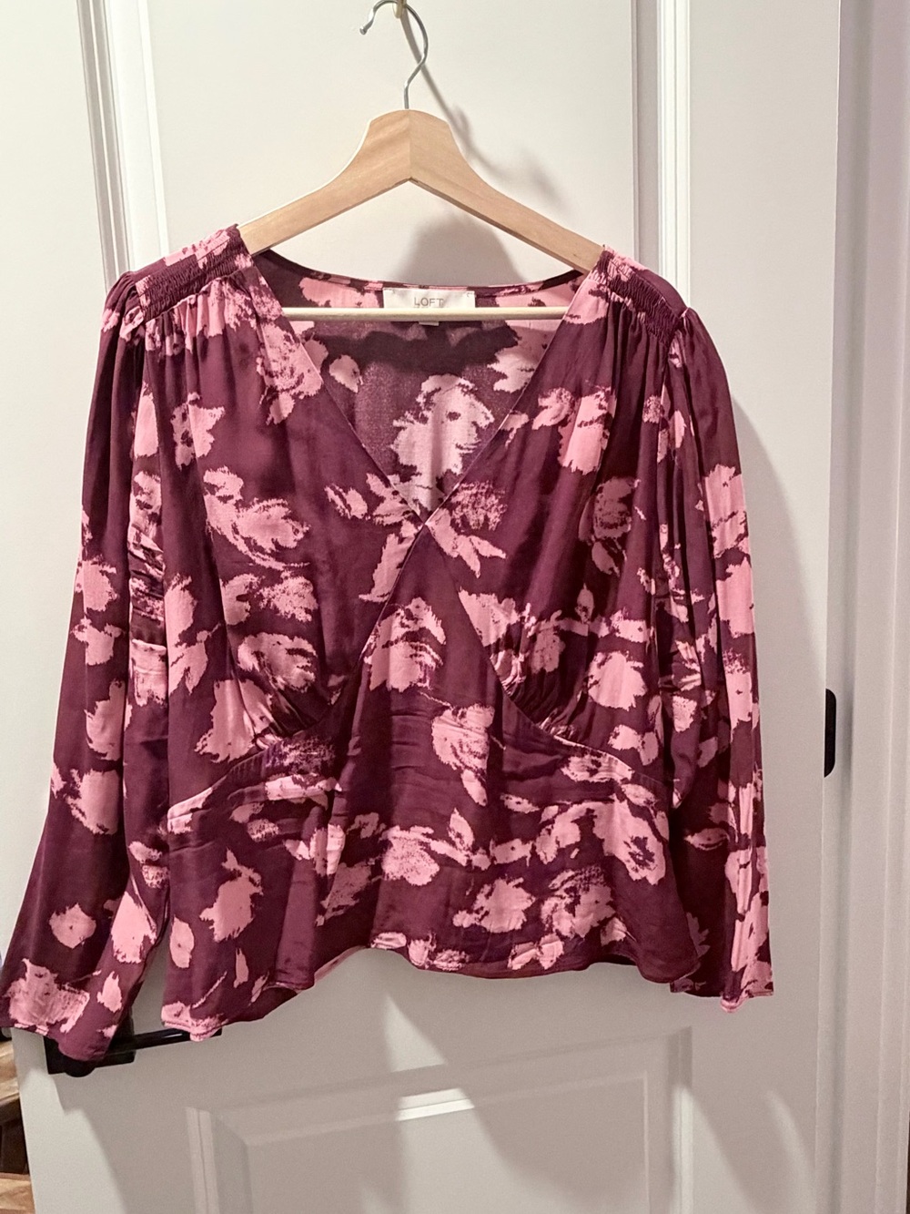 LOFT Pink and Plum Floral V-Neck Wrap Blouse